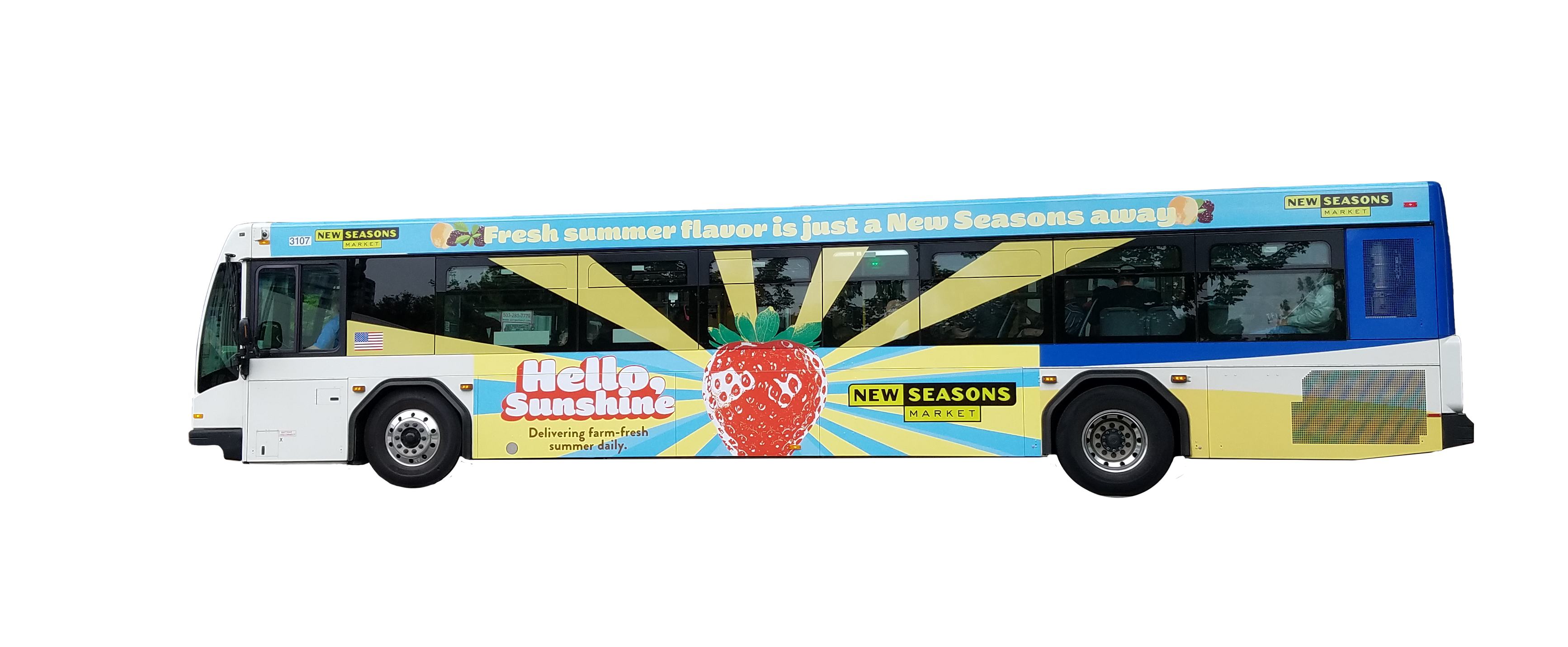 New Seasons Bus Wrap with strawberry and sun bursts