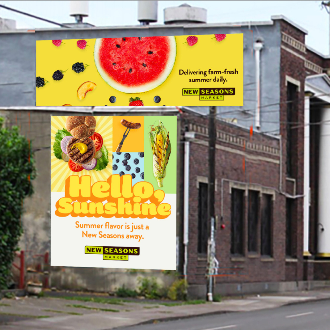 New Seasons wall ads with watermelon and grilling food off of Division street for the 