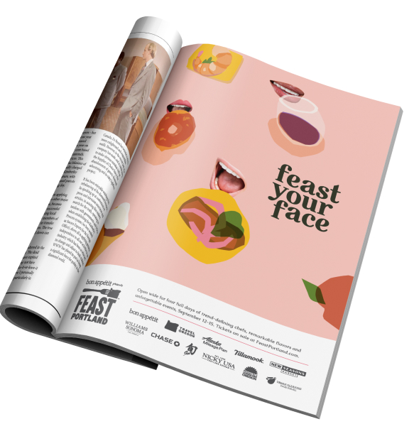 Feast Your Face national print ad in Bon Appetite managzie, ad is light pink with lips eating cartoon food including a taco, donut, wine glass, shrimp toast and the text 