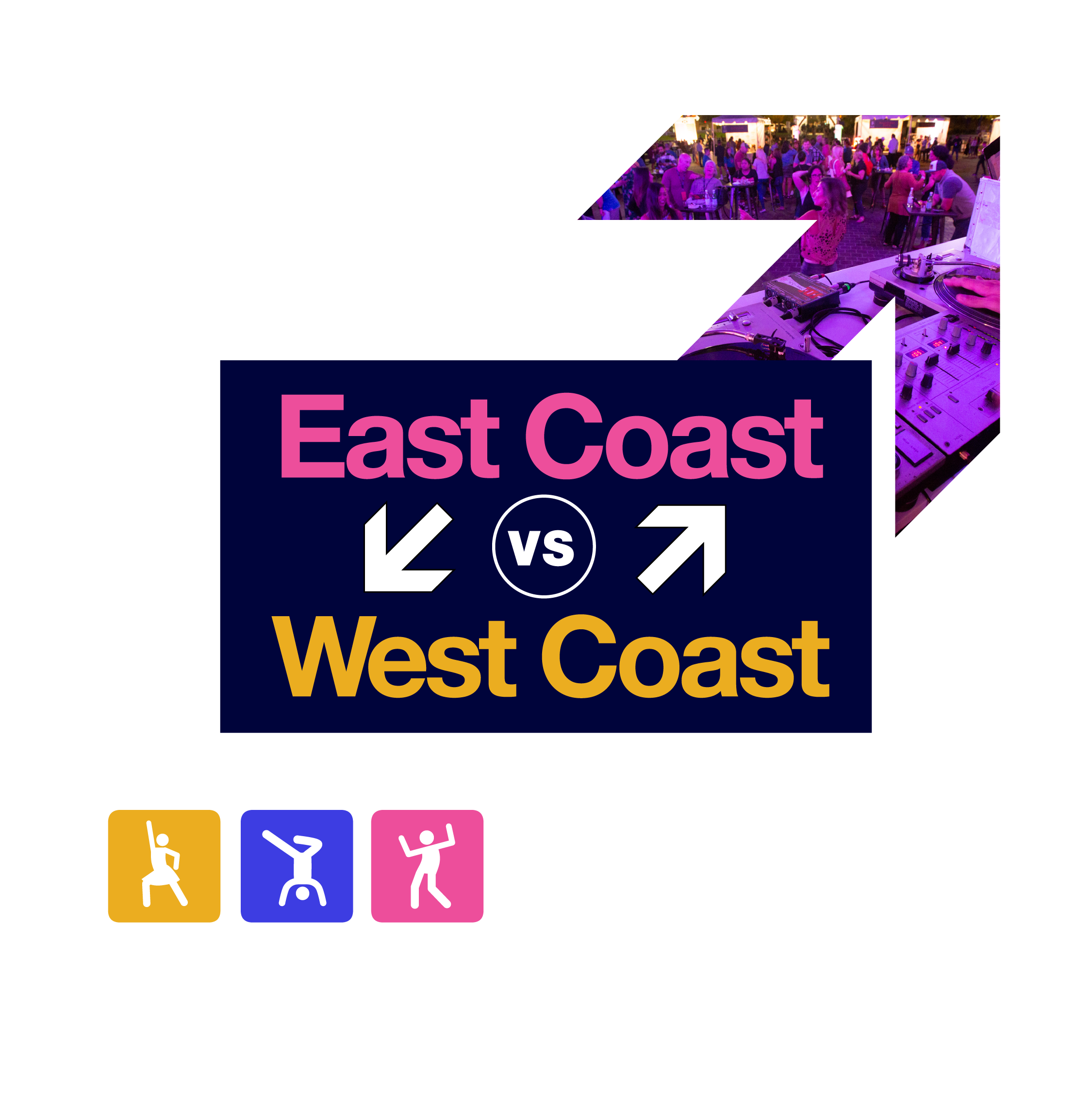 Feast East Coast vs West Coast Event ID written out with arrows. Includes illustrations people three people dancing
