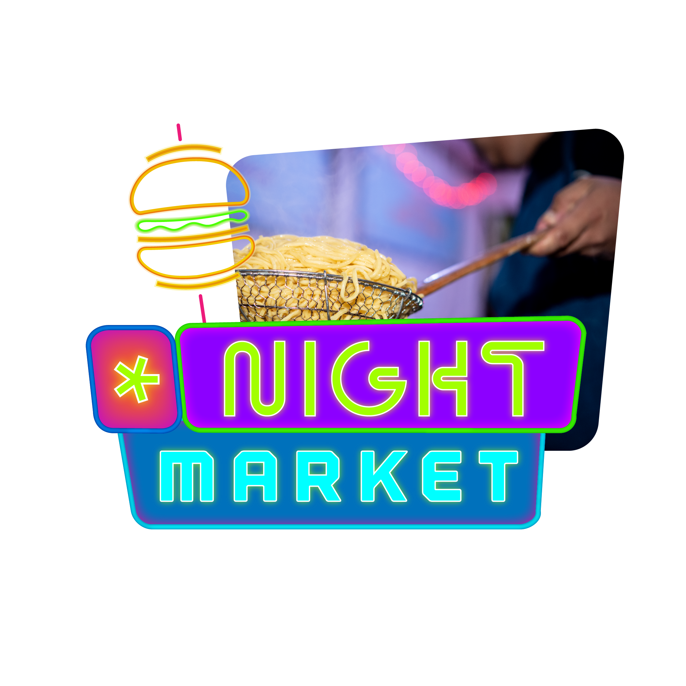 Feast Night Market eventID with illustrated depiction of neon sign saying Night market in front of an image of noodles