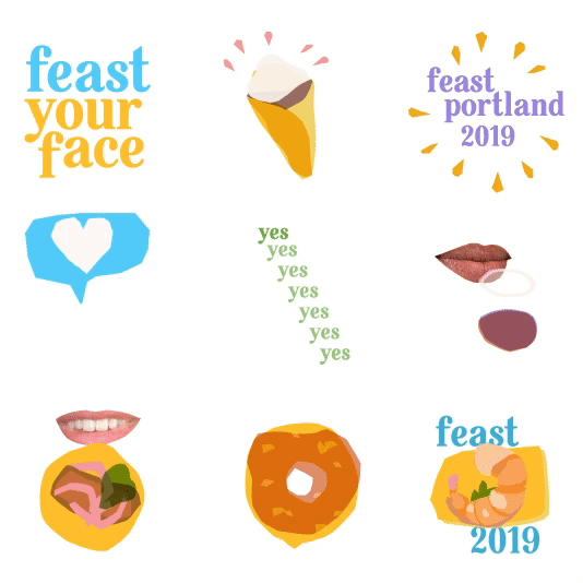 All of the gifts for the Feast your Face campaign - which shows illustrations of an ice cream cone, blue heart pulsing, the test yes yes yes yes animating, lips drinking from a cartoon wineglass, lips eating a cartoon tapas, a spinning donut and more