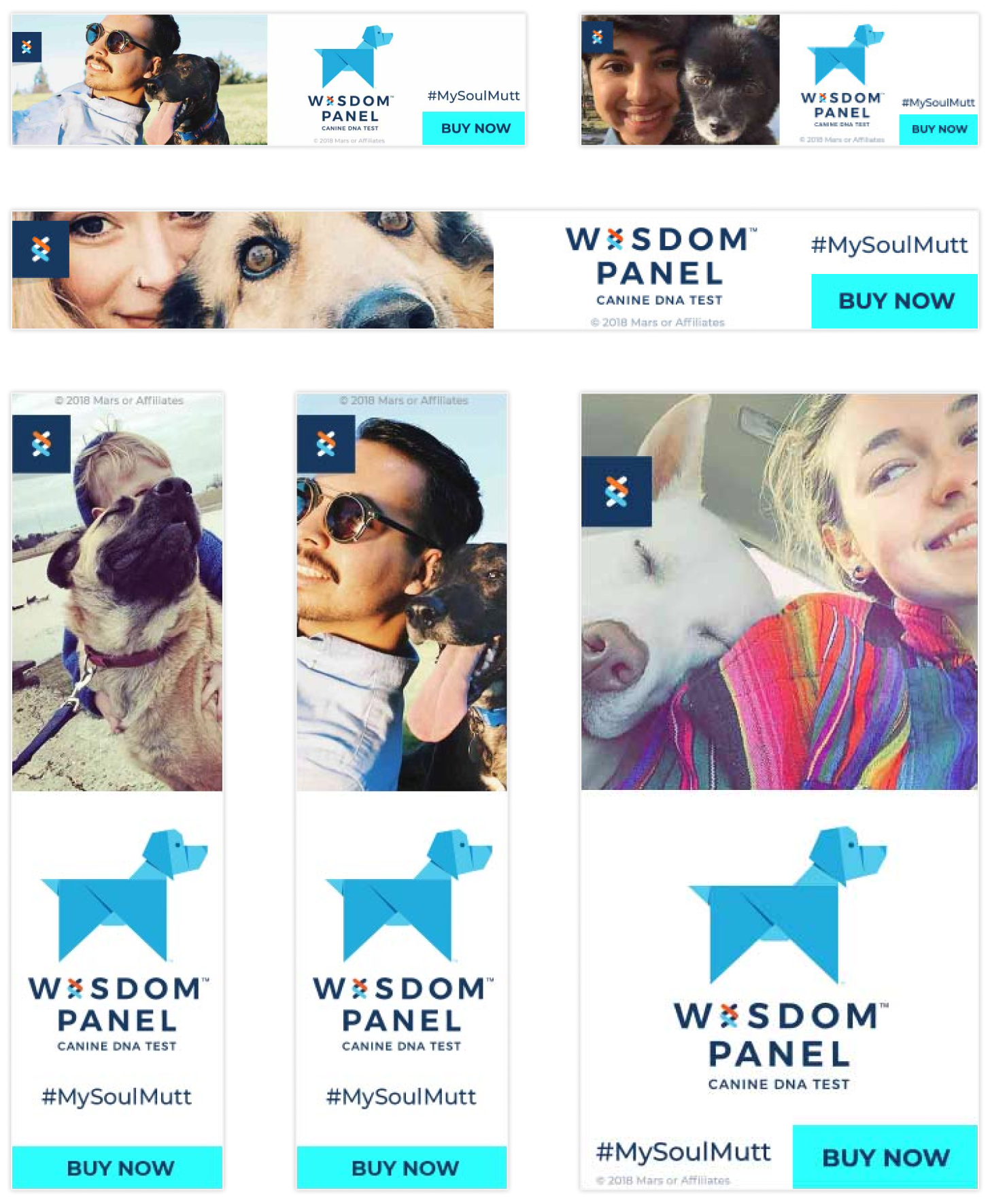 Wisdom Panel banner ads for the Soul Mutt campaign with images of humans and their dogs