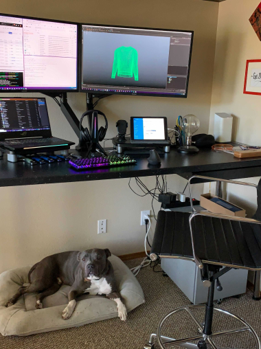 Workstation with a dog on a dog bed underneath